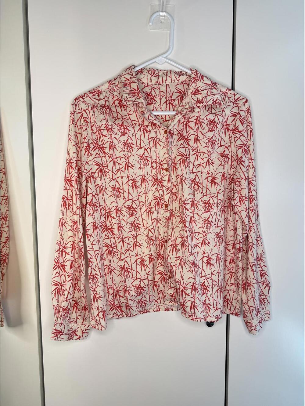 Vintage Women's Long Sleeve Button-Up Blouse with Red Bamboo Print